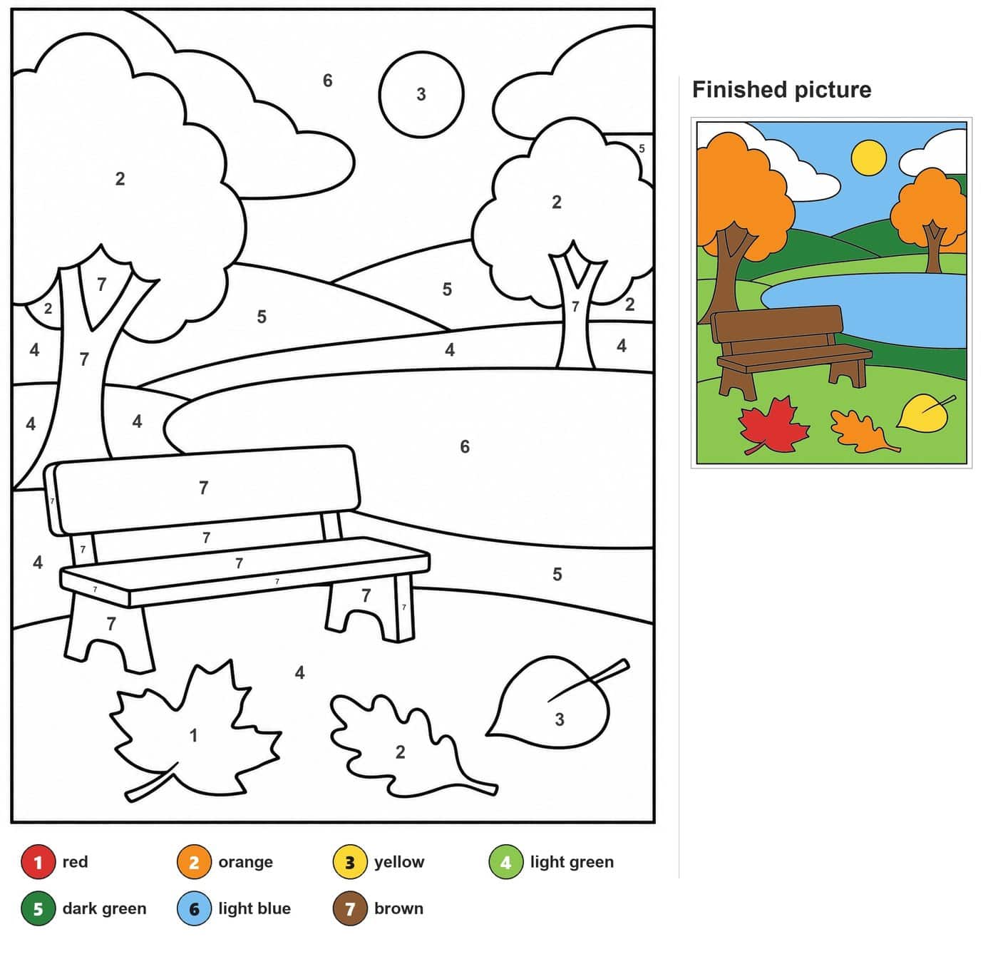 Park bench by a lake with two trees, hills, sun and three fallen leaves