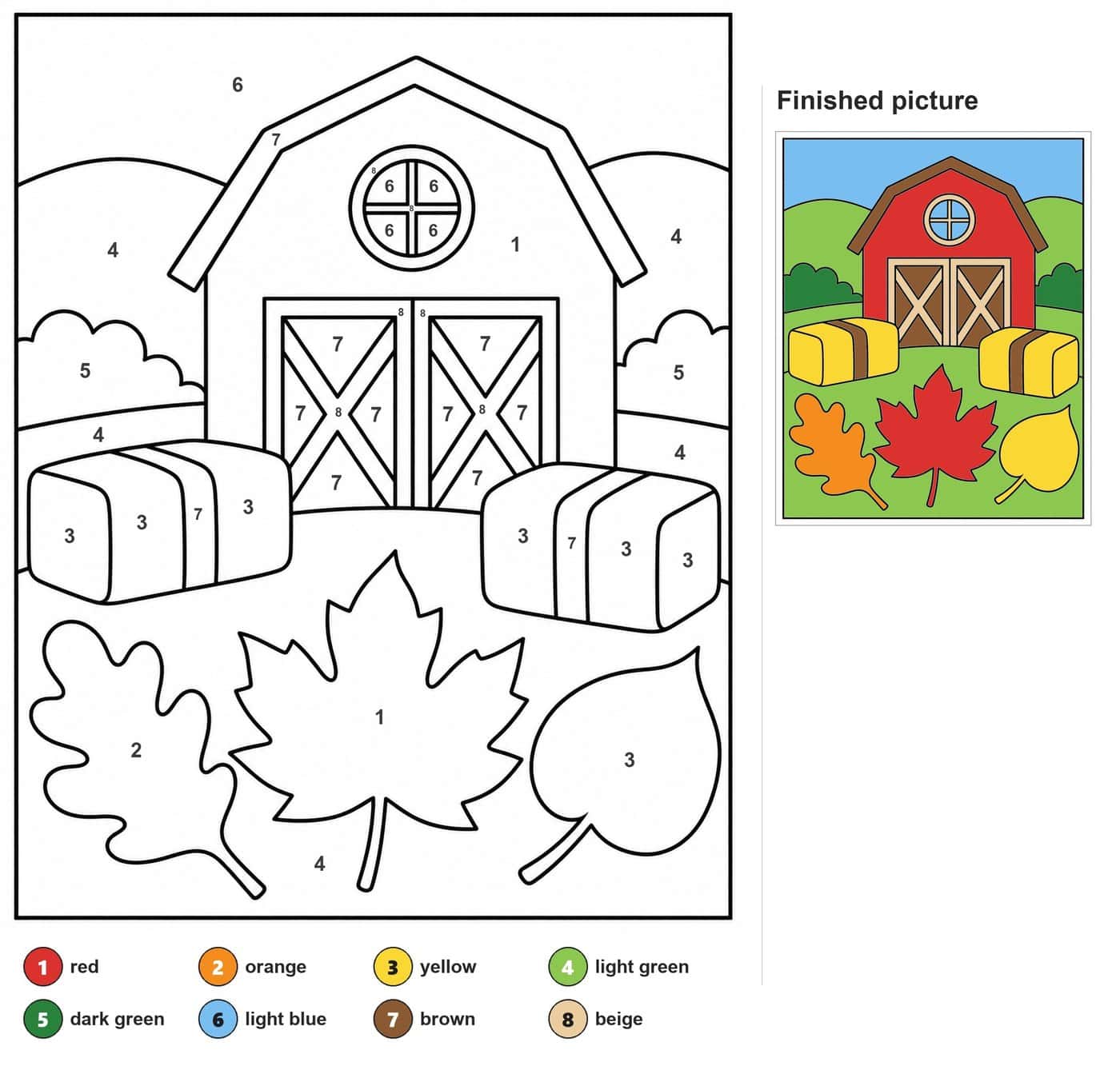 Barn with round window and X doors, two hay bales, and oak, maple and round leaves
