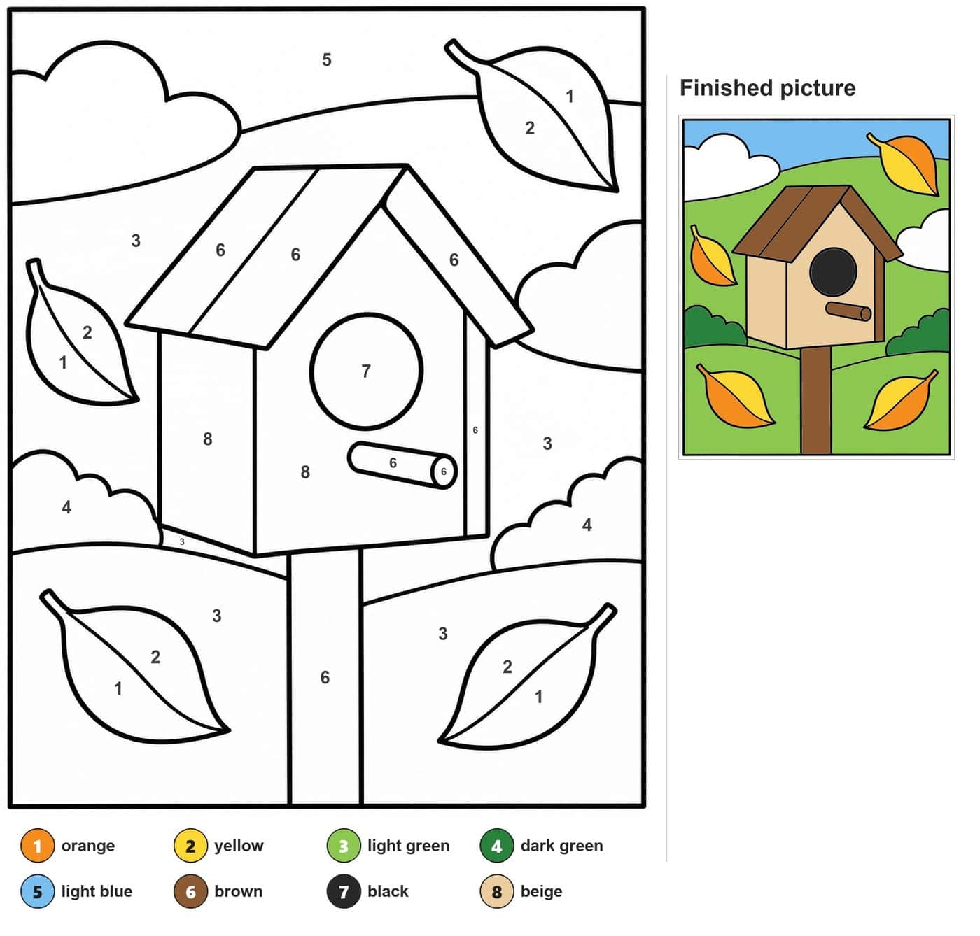 Birdhouse on a post with round hole, four falling leaves, hills, bushes and clouds