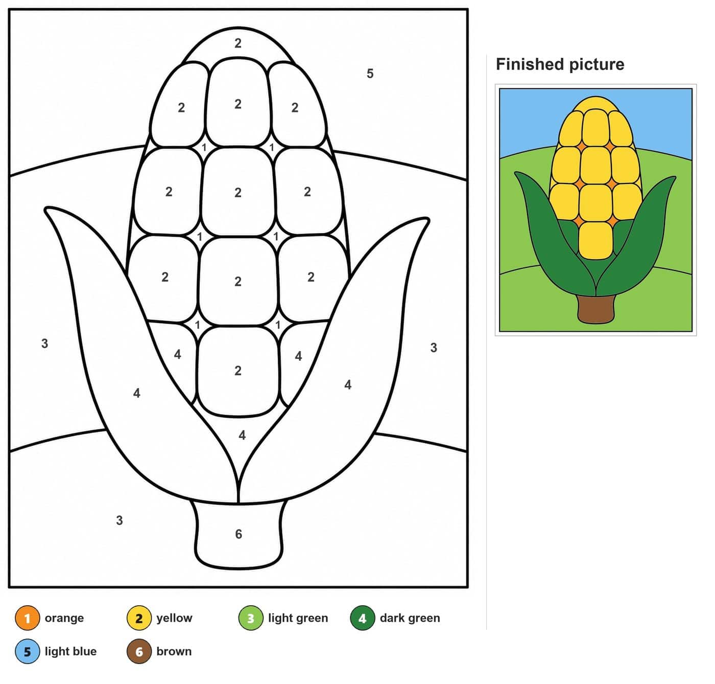 Corn cob with rounded kernels, two husk leaves, a short stem and hill lines behind