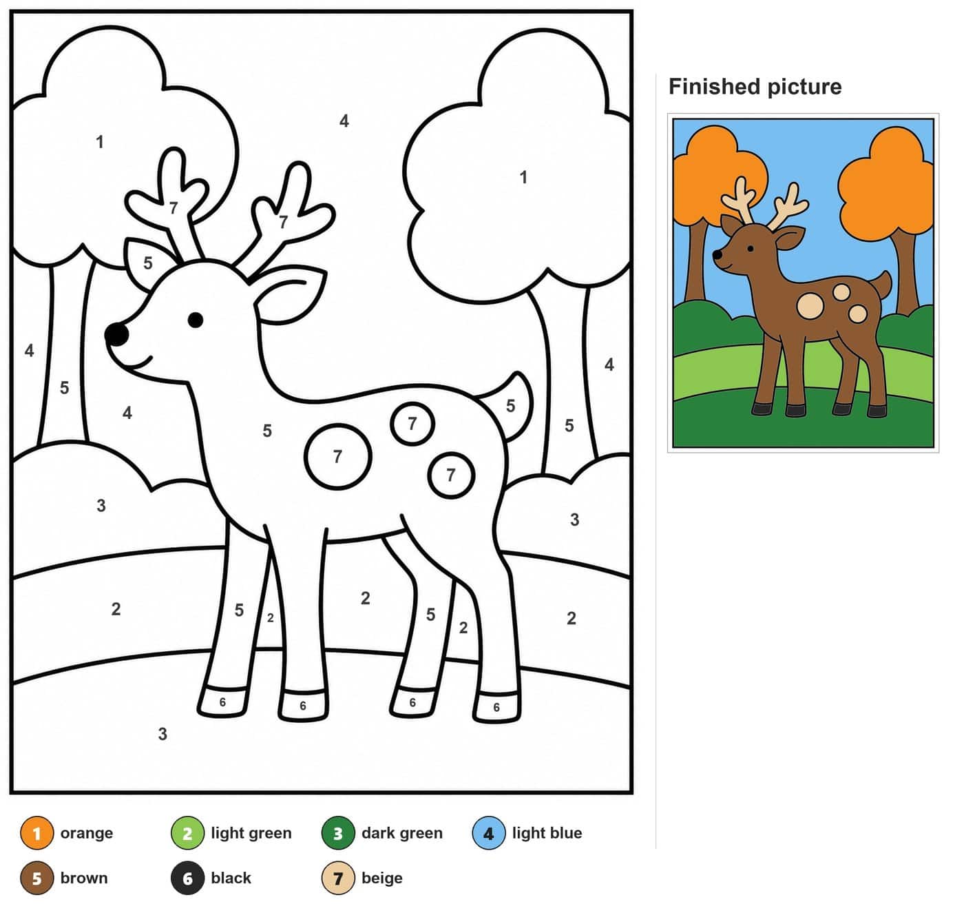 Spotted fawn with antlers between two round trees, bushes and rolling ground lines