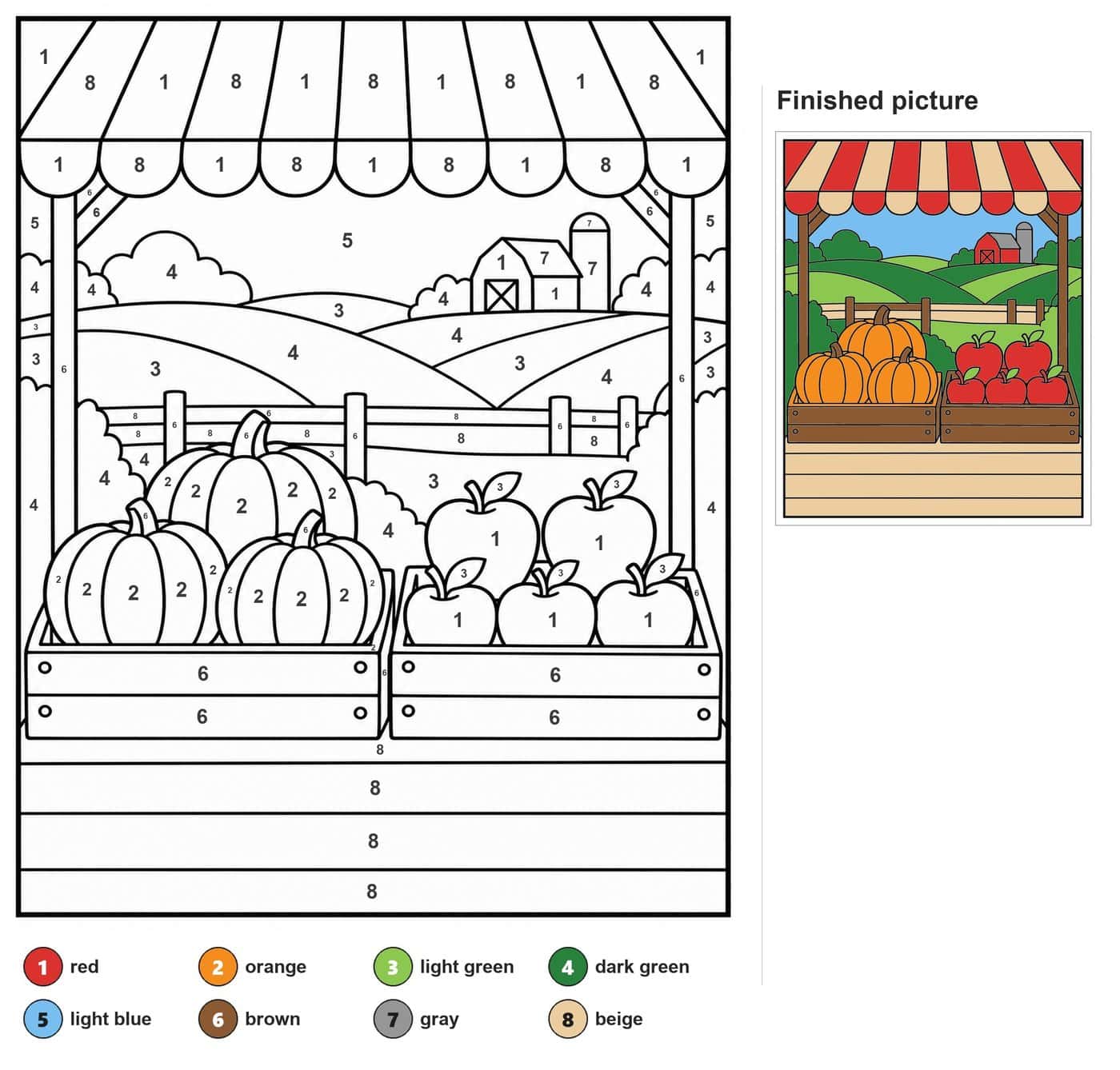 Market stand with a striped awning, crates of pumpkins and apples, a fence, hills and a barn with silo