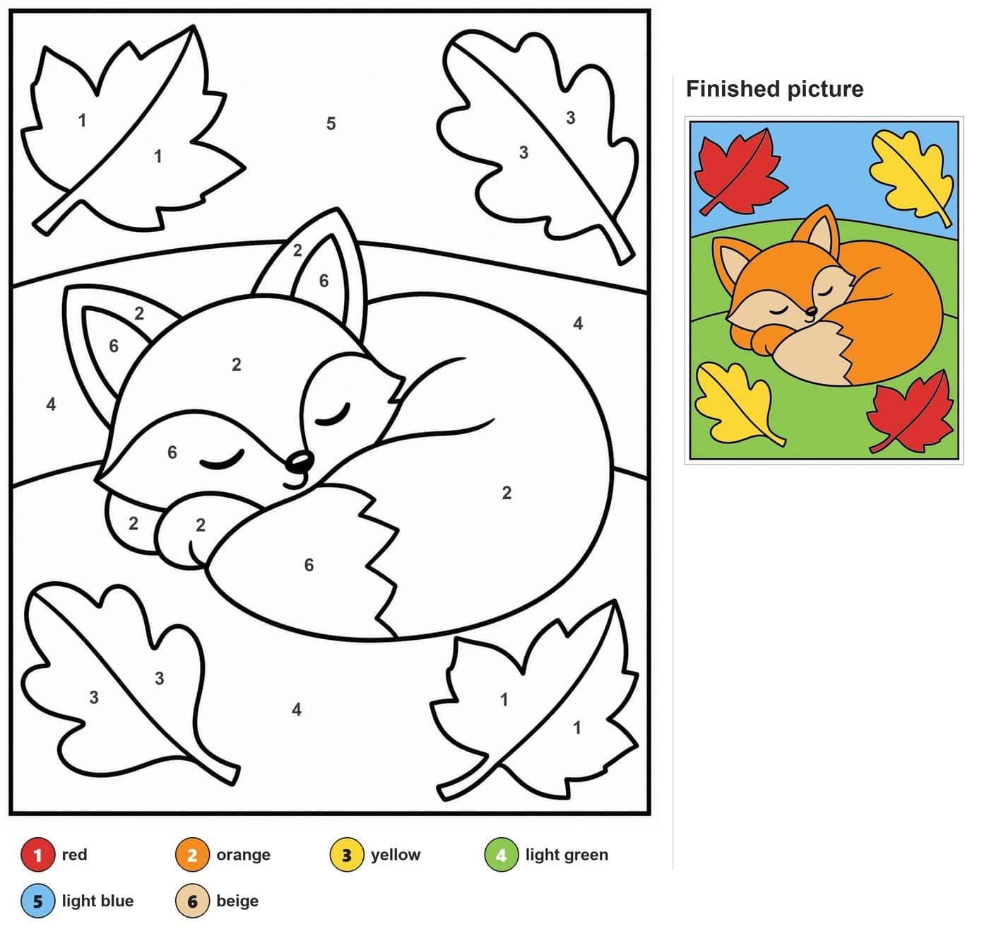 Sleeping fox curled up with a zigzag tail tip, surrounded by two maple and two oak leaves