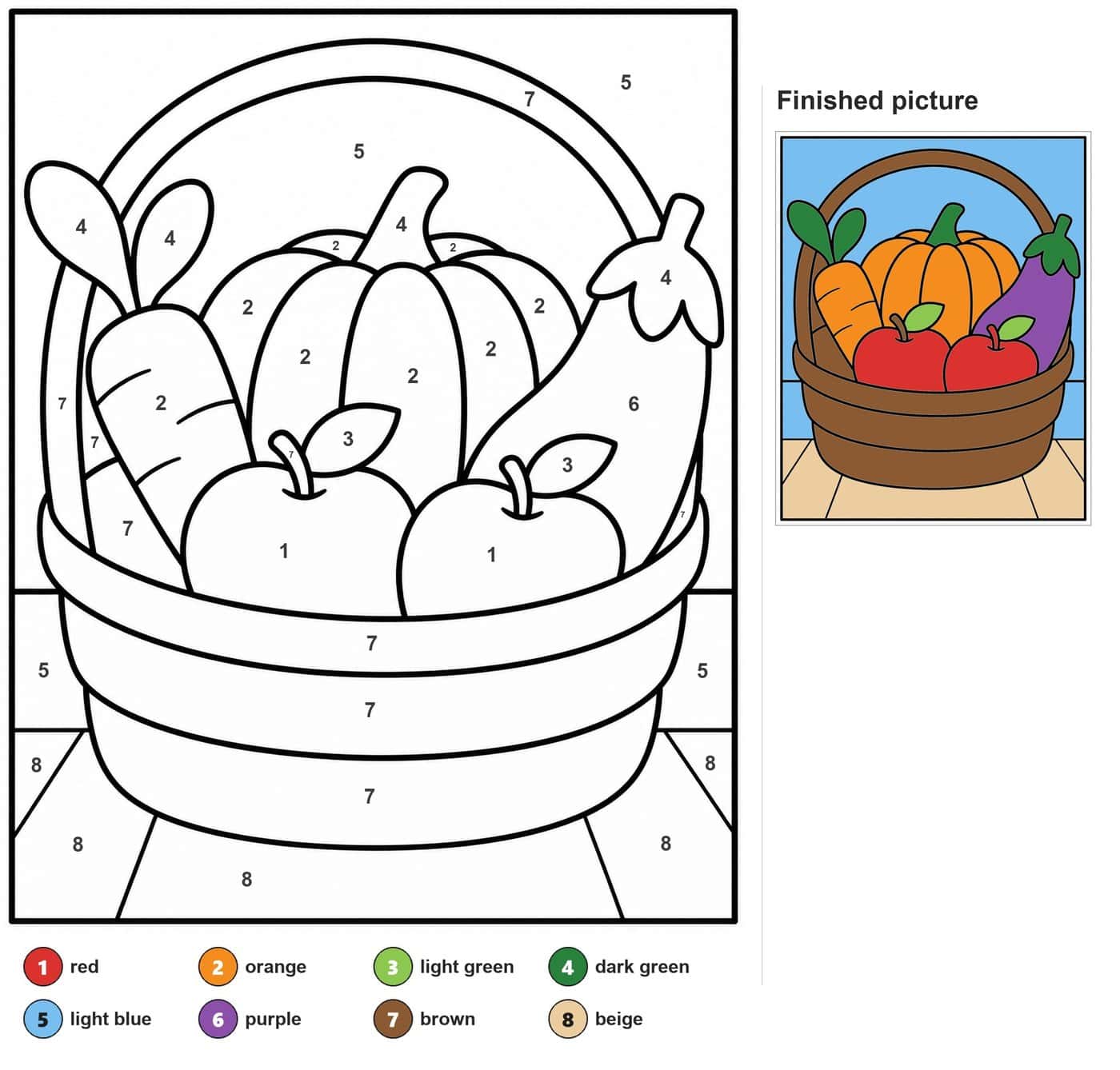 Basket with pumpkin, carrot, eggplant and two apples on a tiled floor