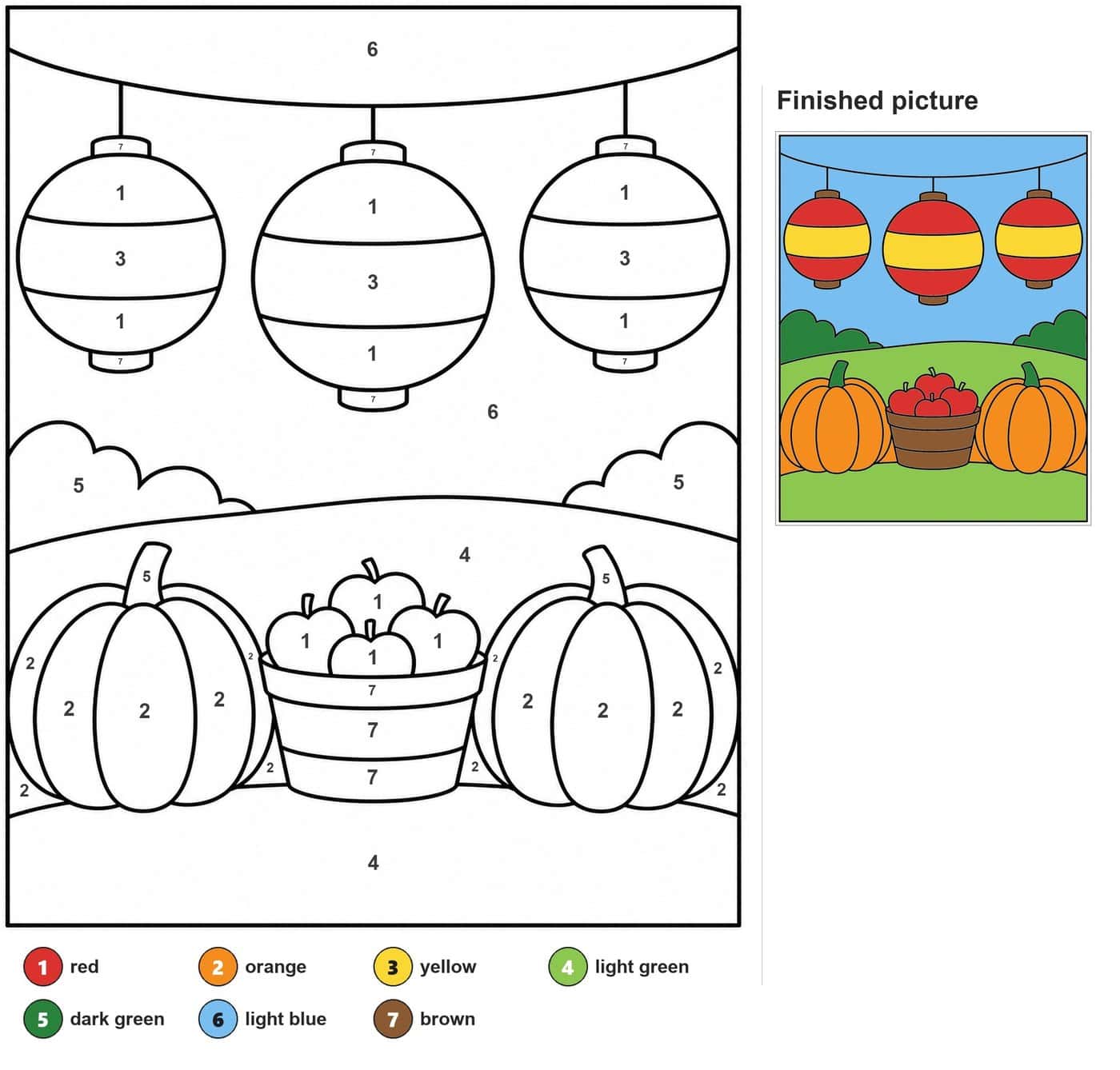 Three hanging lanterns above two ribbed pumpkins and a basket of four apples on a hill