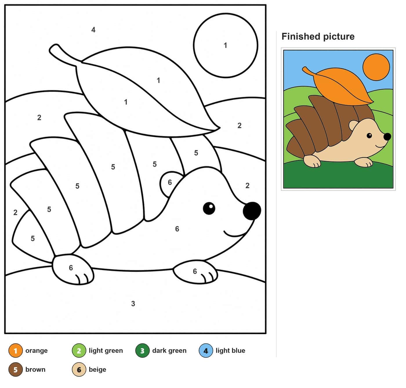 Smiling hedgehog with banded spines, a big leaf on its back, a round sun and hills