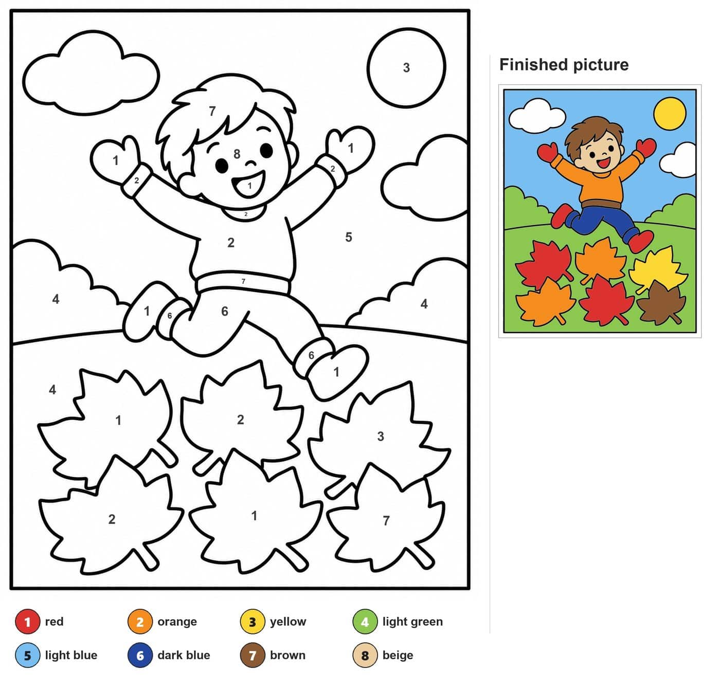 Smiling boy in mittens jumping above six maple leaves, with clouds, a sun and a hill