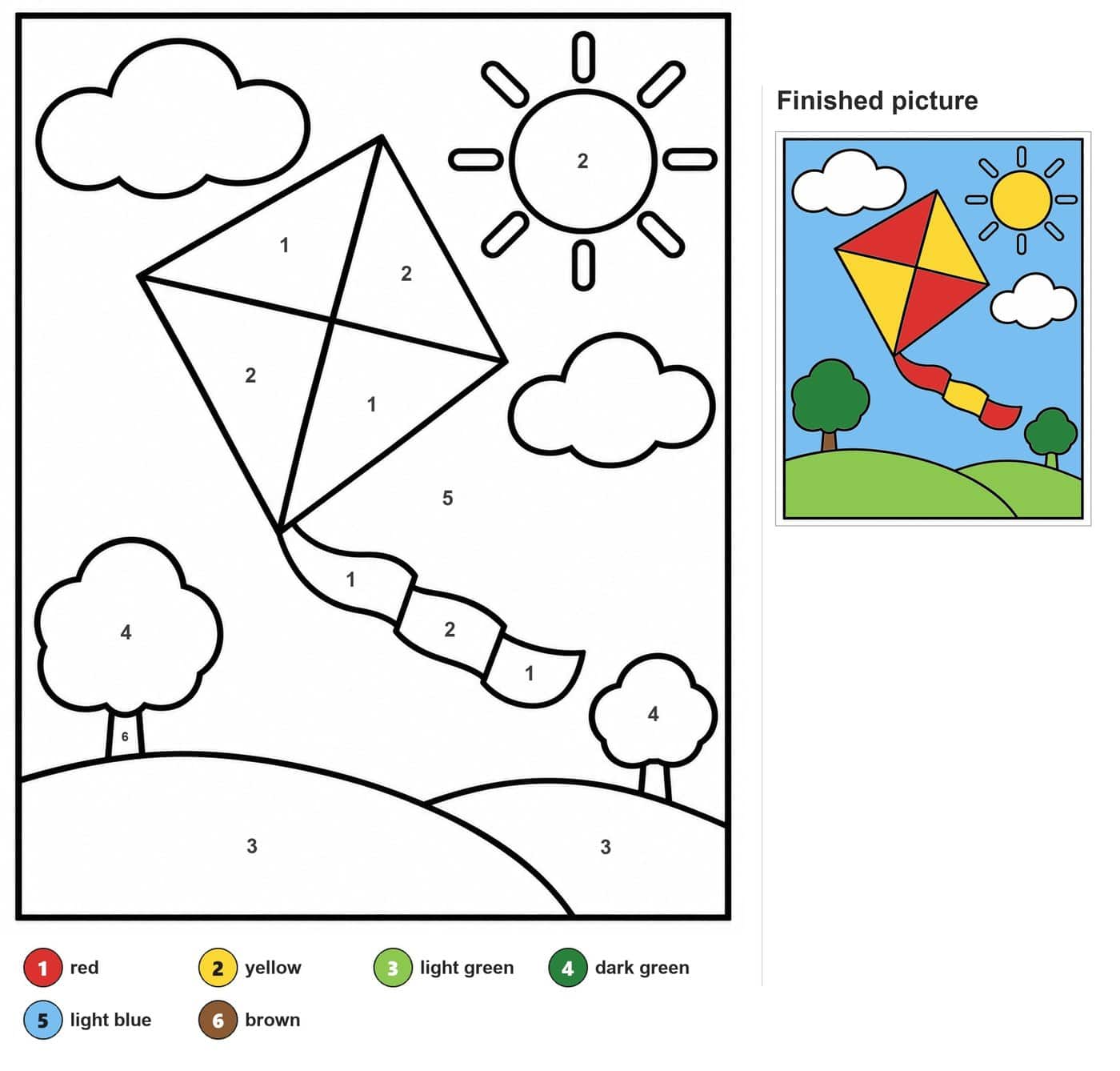 Diamond kite with ribbon tail, sun, two clouds, two trees and hills