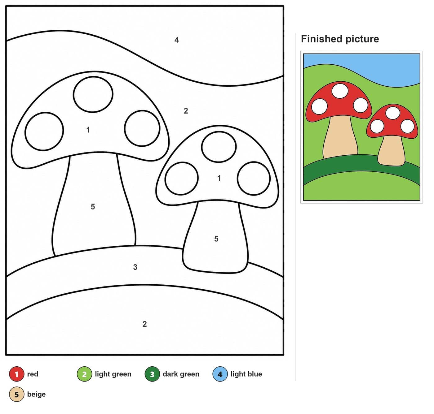Two spotted toadstools with three round dots each on grassy hills under a wavy sky band