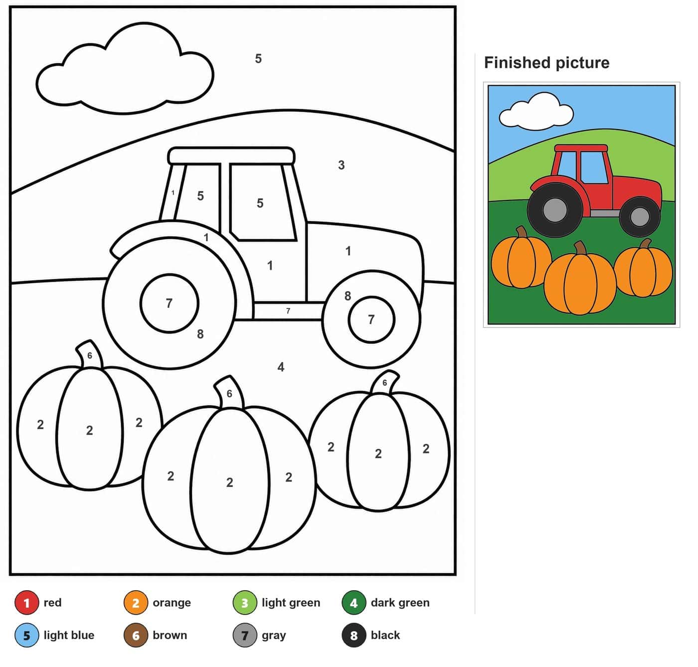 Tractor on a hill with a cloud and three ribbed pumpkins in front