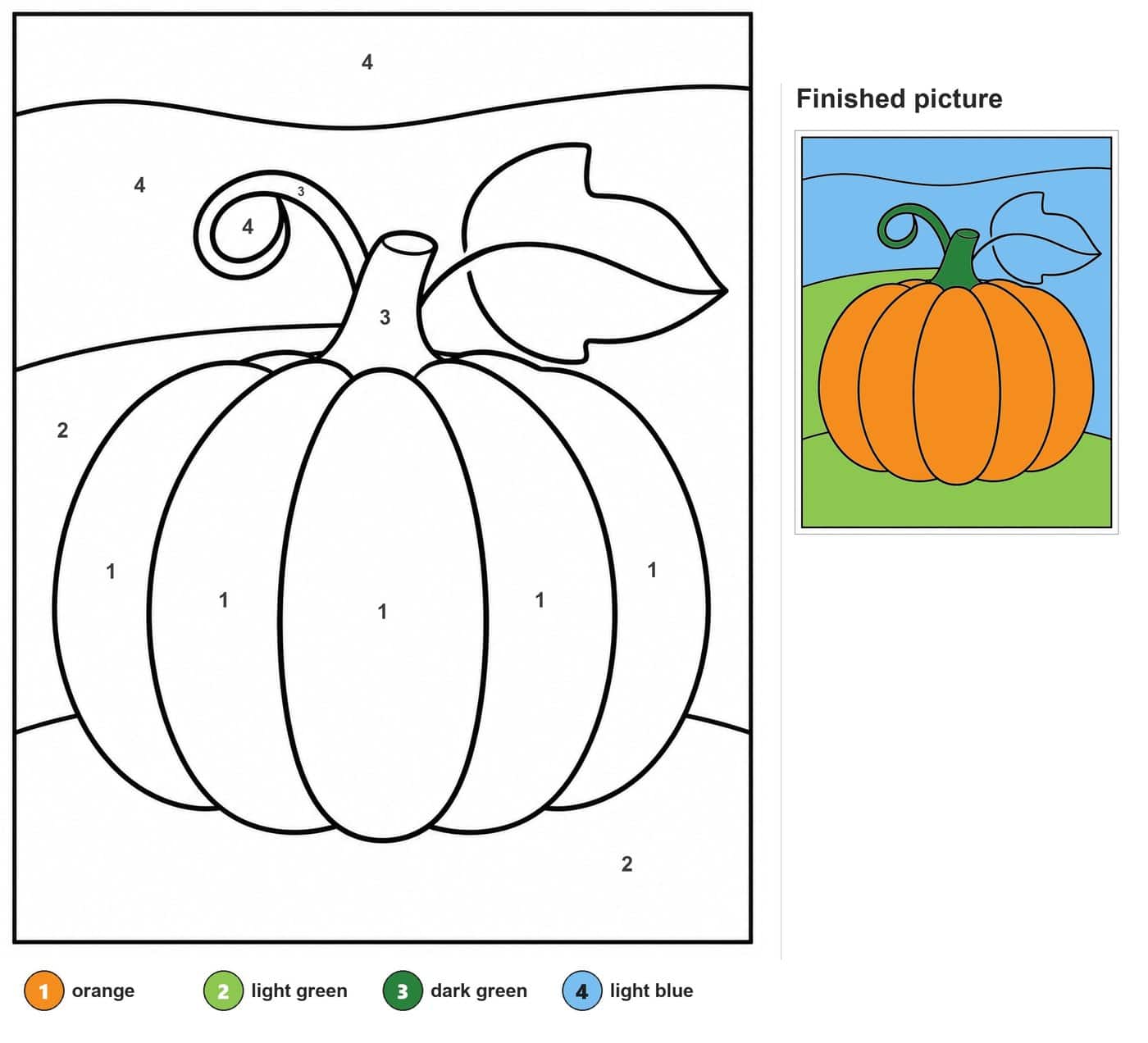 Large pumpkin with five ribs, a curly vine, one leaf and wavy background lines