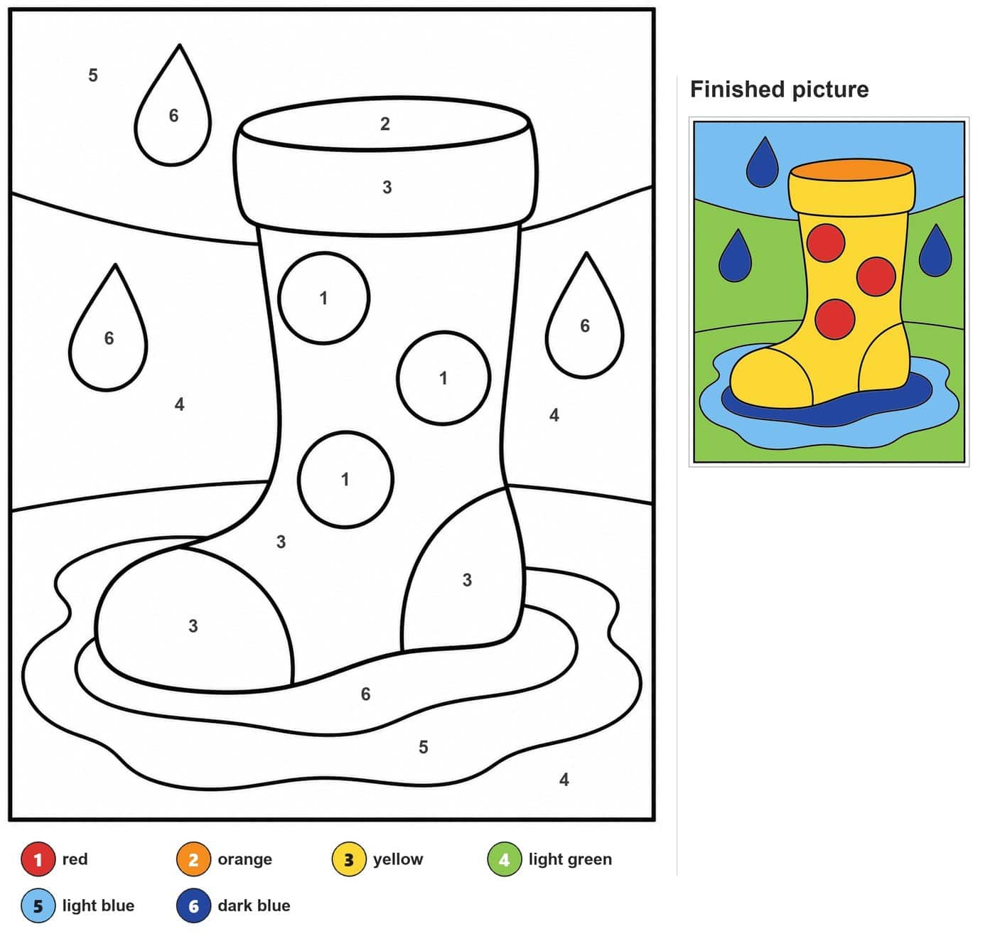 Rain boot with three dots standing in a puddle, with three raindrops and hills behind
