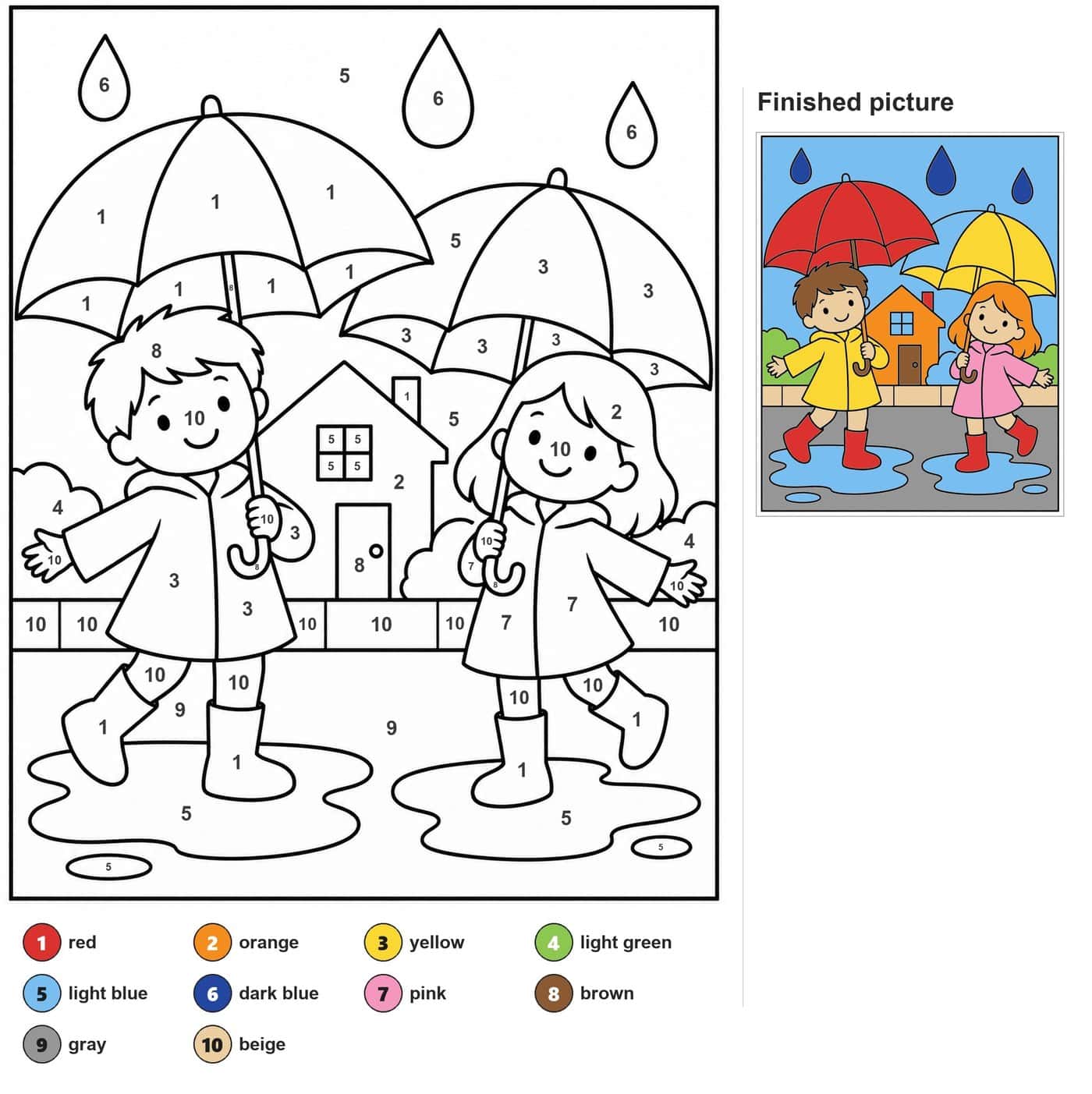 Boy and girl with umbrellas, raincoats and boots in puddles in front of a house