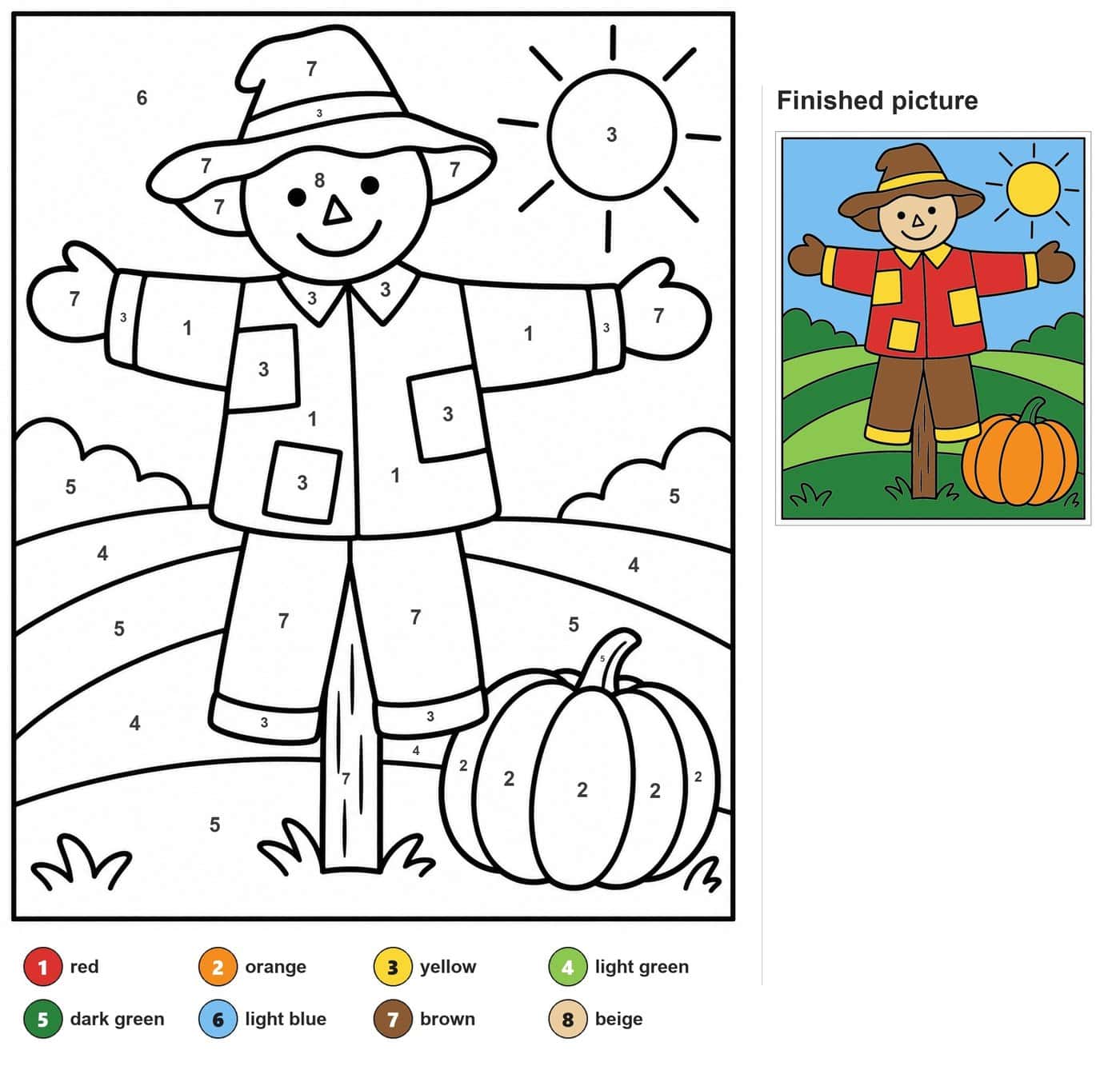 Scarecrow with hat and patched jacket on a post, a sun, hills and a ribbed pumpkin