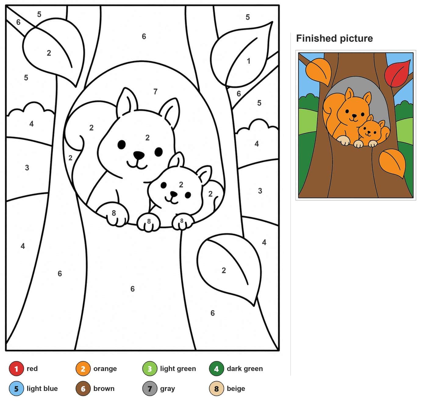 Two squirrels peeking out of a tree hollow with three leaves, bushes and hills