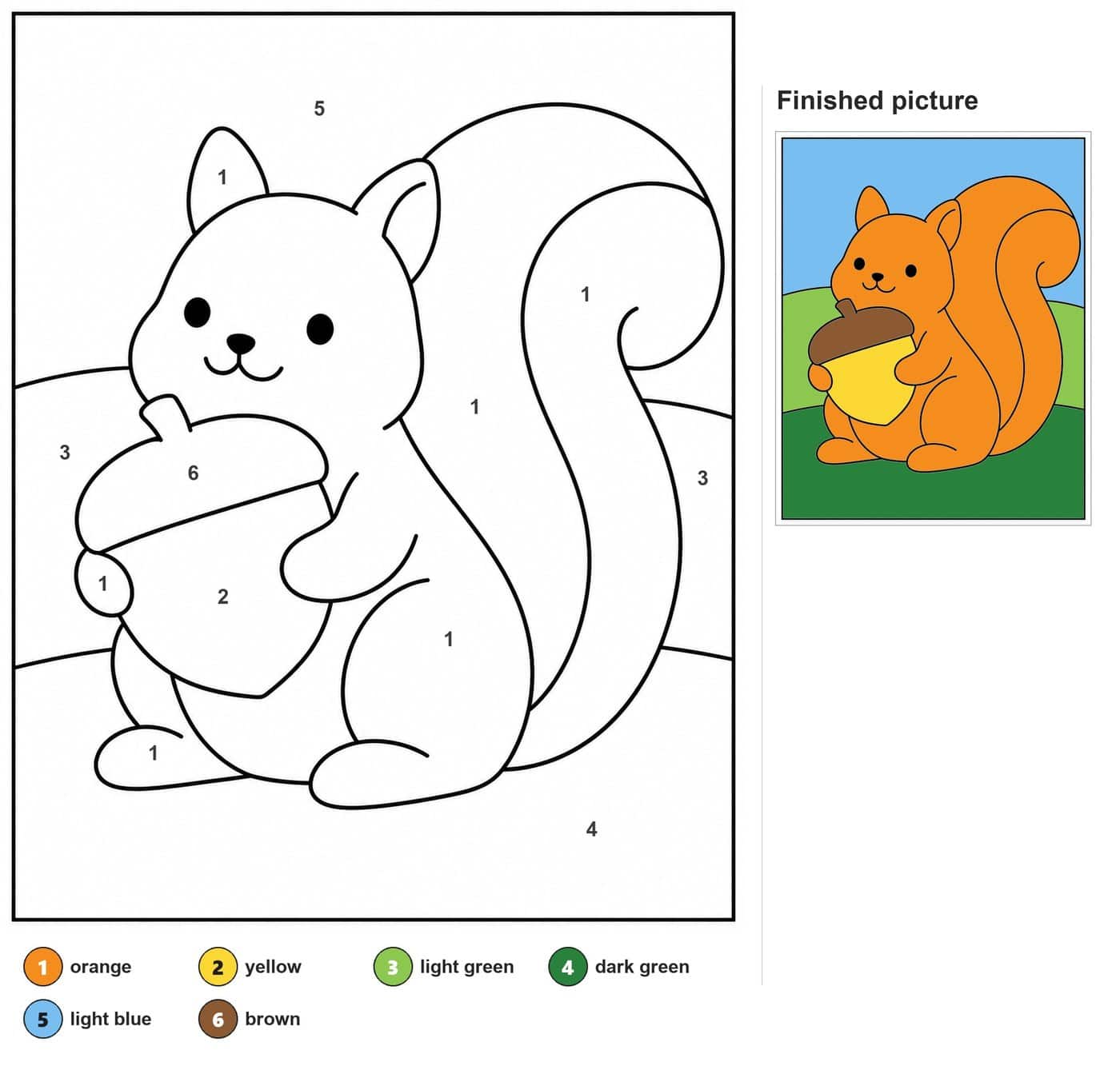 Smiling squirrel with a curled tail holding a large acorn in front of rolling hills