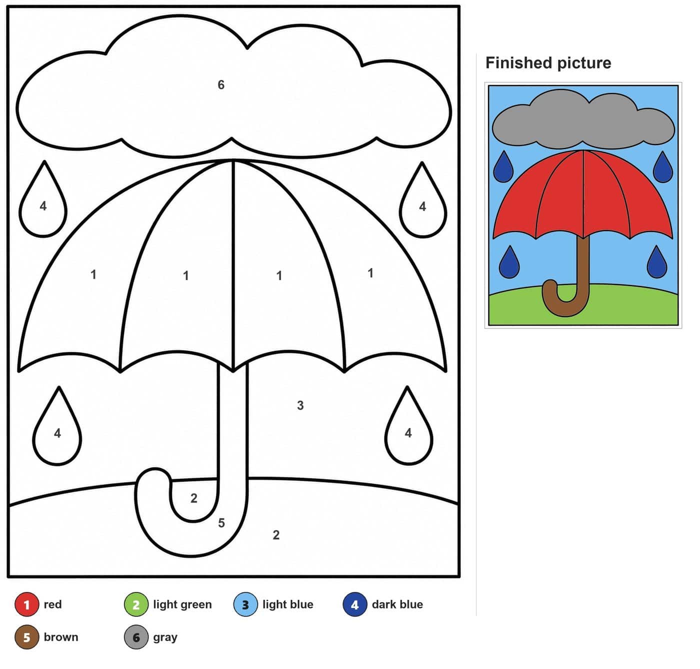 Line drawing of an open umbrella with a hook handle, a cloud above, four raindrops and a hill