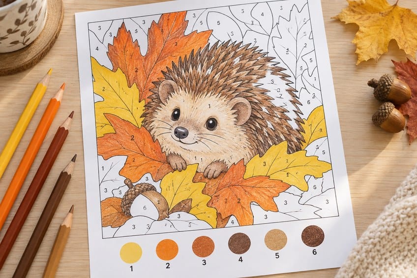 fall color by number worksheet partly colored in with pencils