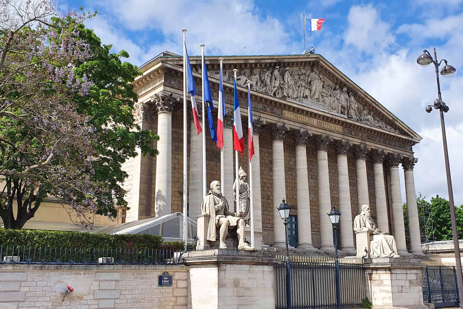The stone colonnade and pediment of the French National Assembly’s Palais Bourbon.