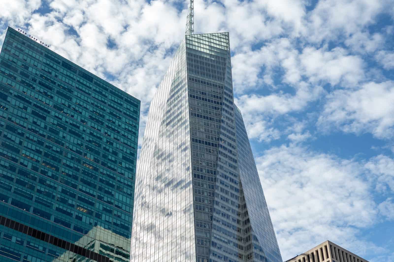 Bank of America Tower rising above Bryant Park in Manhattan.