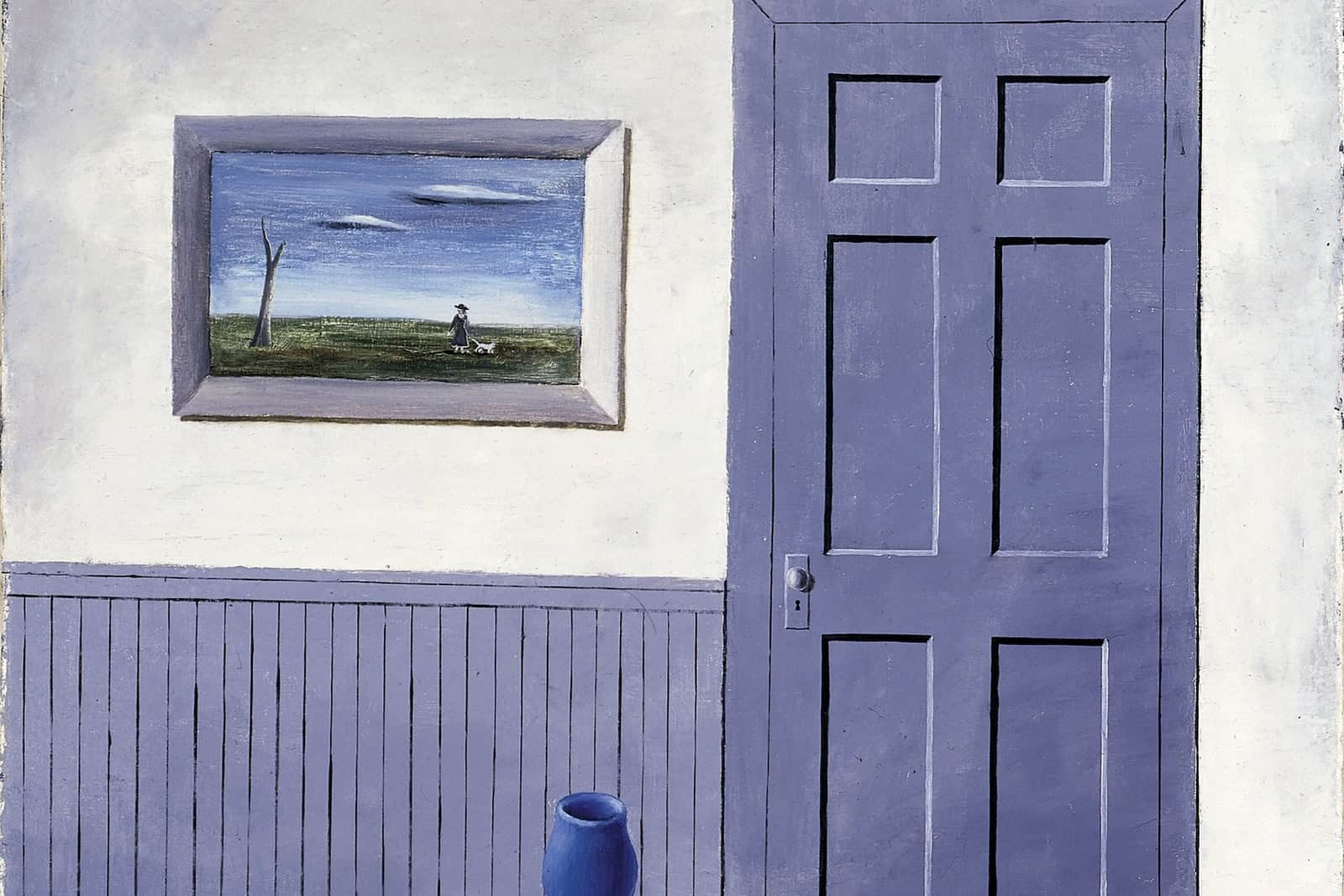 Gertrude Abercrombie’s White Cat shows a pale room with a blue door, a small table and vase, and a framed scene containing a white cat.