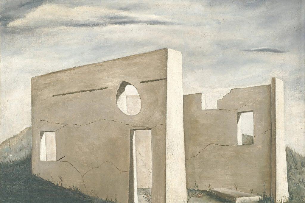 Gertrude Abercrombie’s Slaughterhouse Ruins at Aledo shows fragmented industrial walls in a sparse, overcast Illinois landscape.