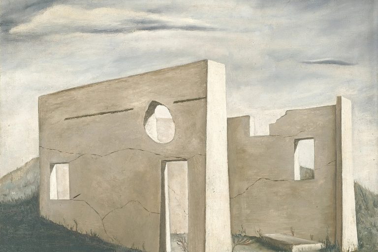 Gertrude Abercrombie’s Slaughterhouse Ruins at Aledo shows fragmented industrial walls in a sparse, overcast Illinois landscape.