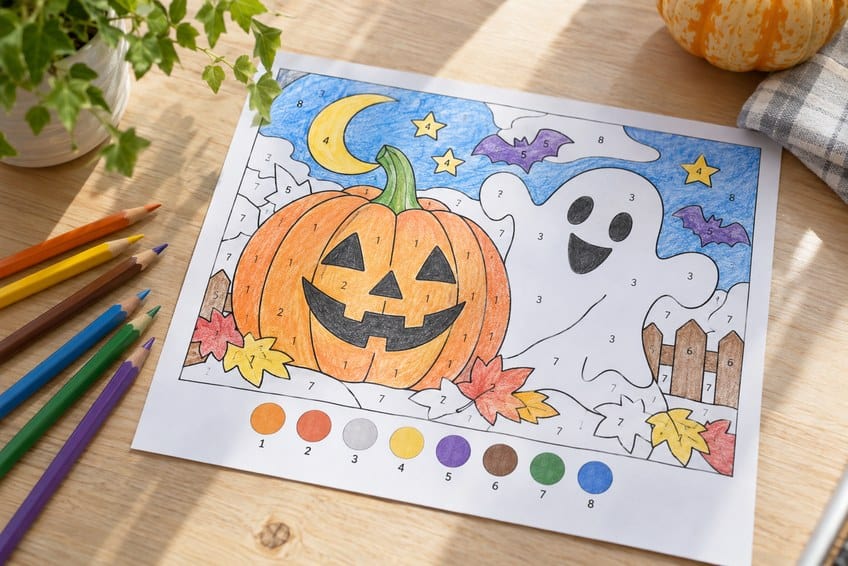 halloween color by number worksheet partly colored in with pencils