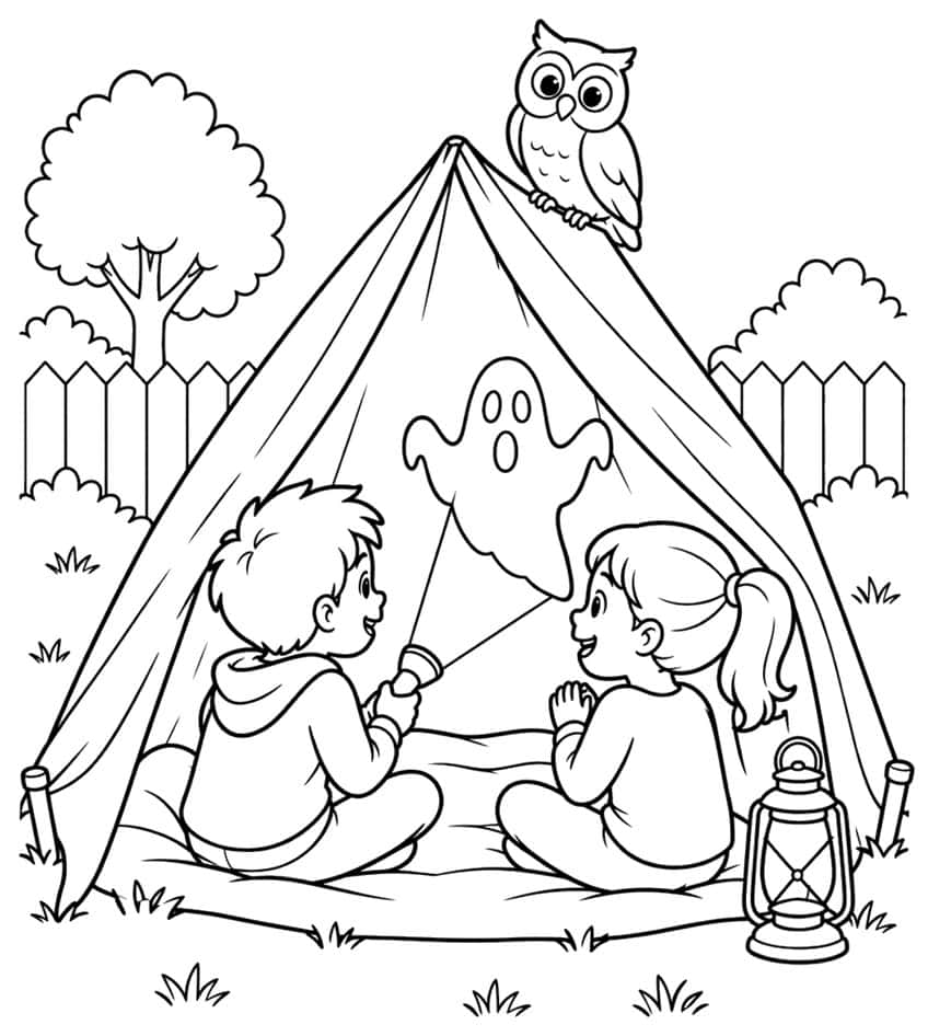 Two children with a flashlight in a tent, a ghost, an owl on top, a lantern, a tree and a fence