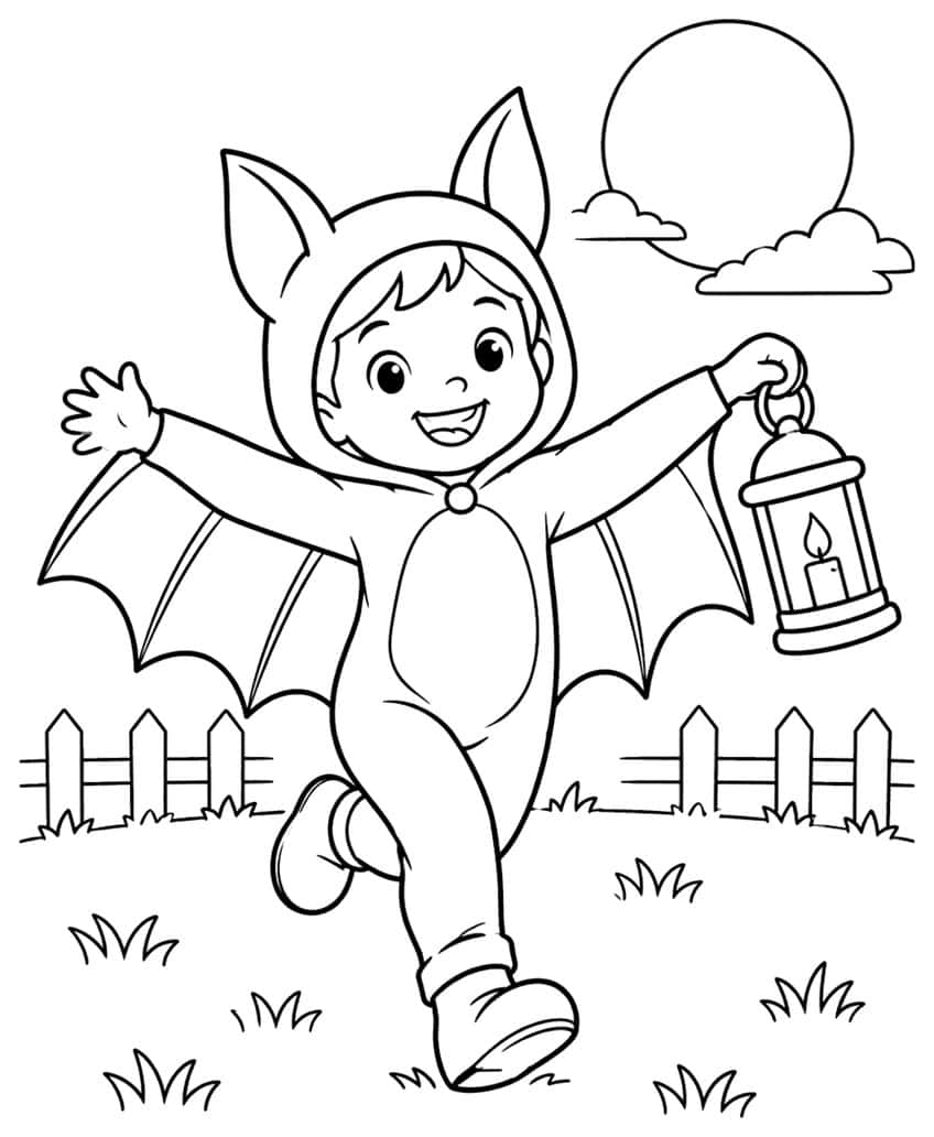 Smiling child in bat costume running with a candle lantern, fence, grass, full moon and clouds