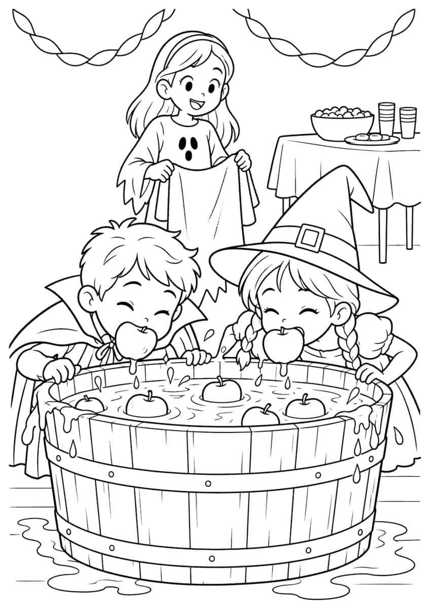 Kids in vampire and witch costumes bobbing for apples in a wooden tub, ghost girl with towel behind