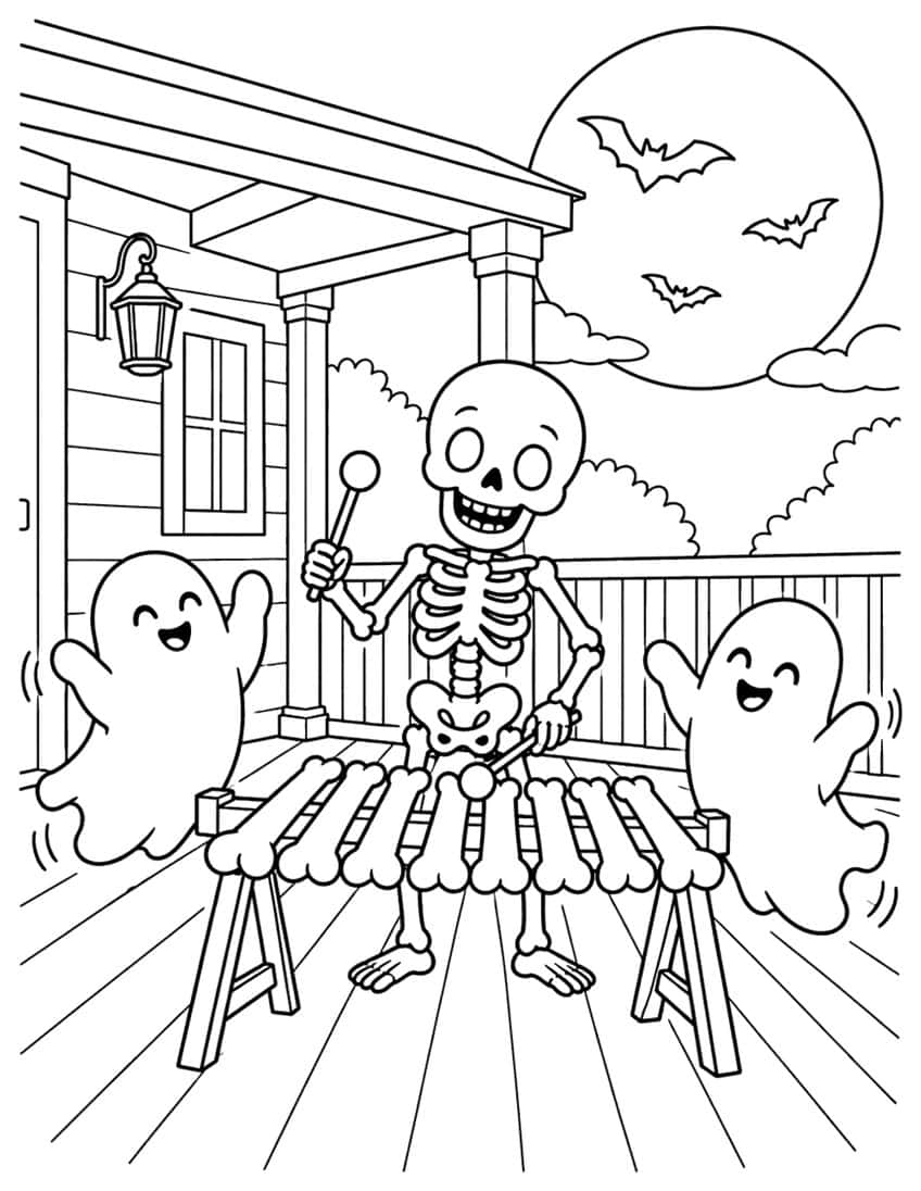 Skeleton playing a bone xylophone on a porch with two happy ghosts, a lantern, a full moon and three bats
