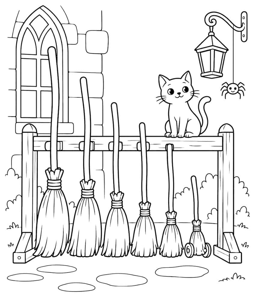 Six brooms on a wooden rack, a smiling cat on top, a hanging lantern with spider, and a Gothic window