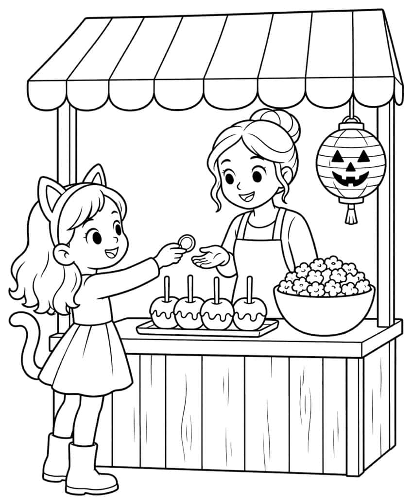 Girl in cat costume buying candy apples from a vendor, popcorn bowl and pumpkin lantern