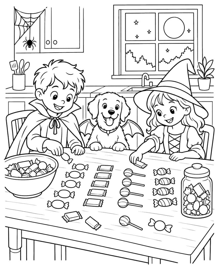 Vampire boy, witch girl and bat-winged puppy sorting candy on a kitchen table