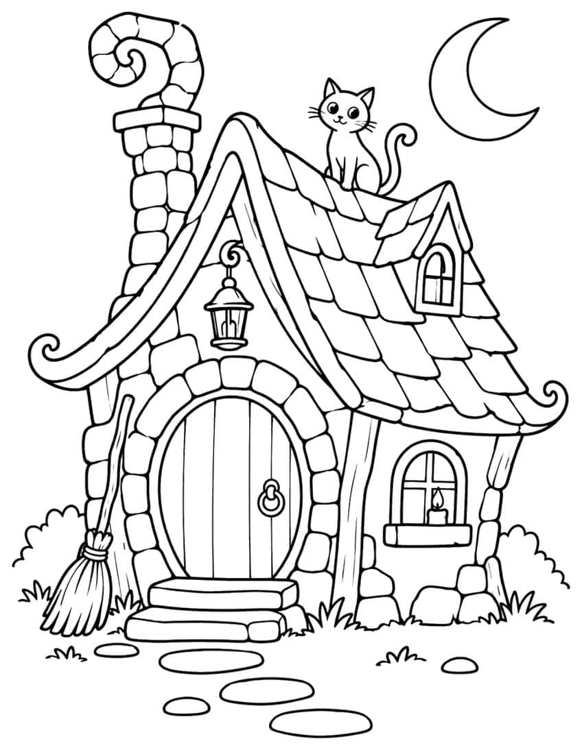 Crooked stone witch cottage with cat on roof, broom, lantern, round door, candle window and crescent moon