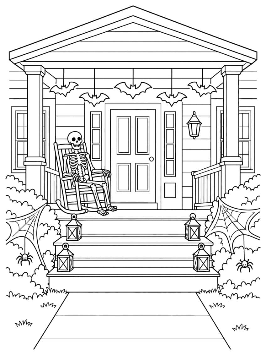 Skeleton in a rocking chair on a porch with hanging bats, lanterns on steps, spider webs and bushes