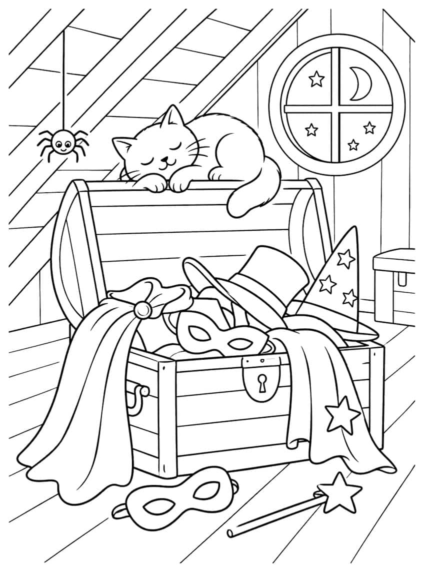 Cat sleeping on an open chest of capes, hats and masks in an attic with a spider and round window
