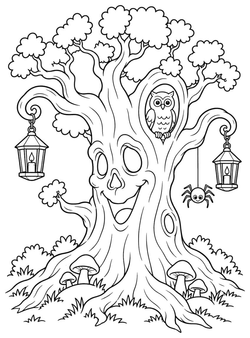 Smiling face tree with an owl in a hollow, two hanging lanterns, a spider and mushrooms at the roots