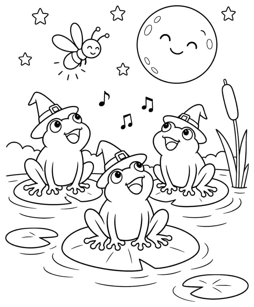 Three frogs in witch hats on lily pads singing to a smiling moon, with a firefly, stars and a cattail