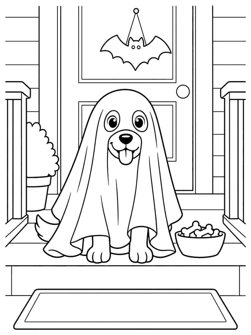 Dog in a ghost sheet on a porch with bat door decoration, potted shrub, bone bowl and doormat