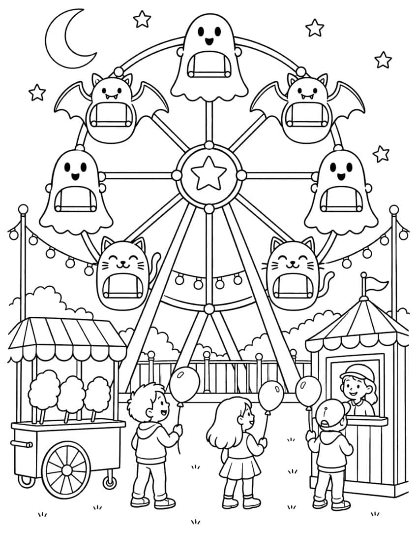 Ferris wheel with ghost, bat and cat gondolas, children with balloons, cotton candy cart and ticket booth