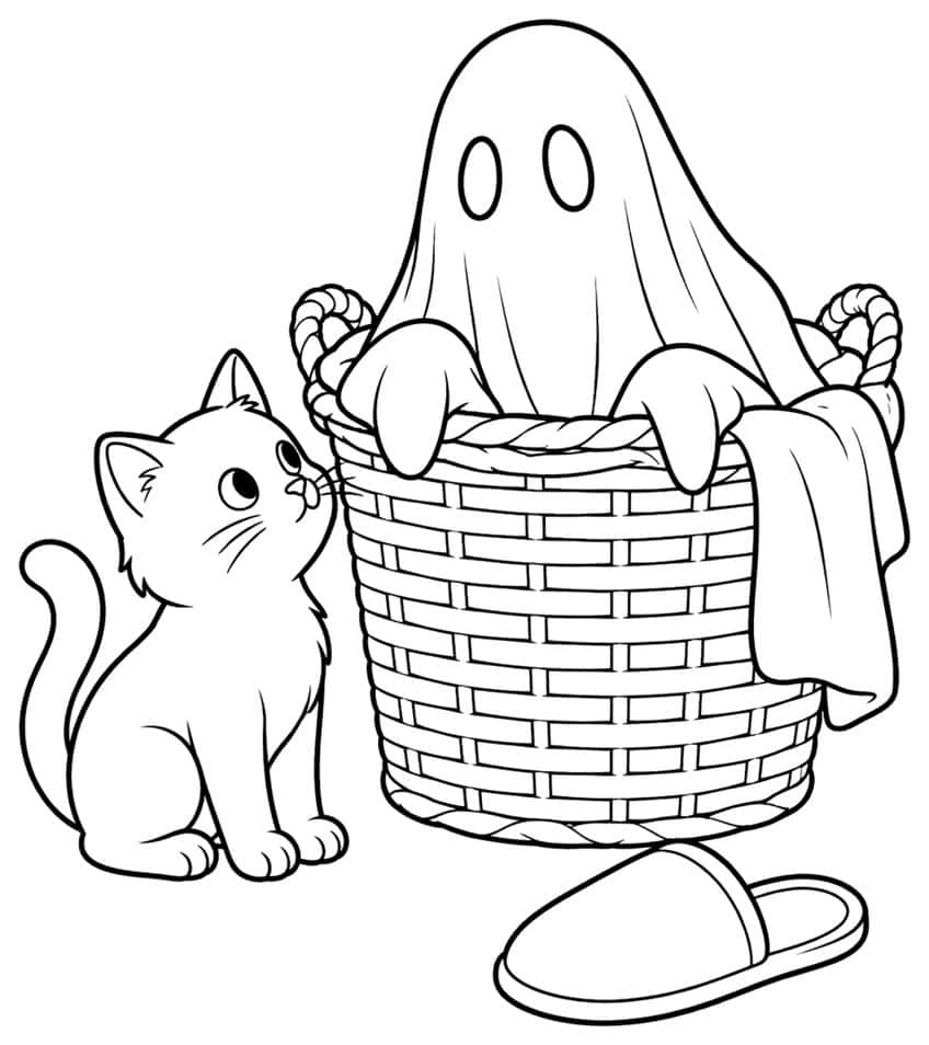 Ghost in a wicker laundry basket, a kitten looking up at it, a draped towel and a slipper