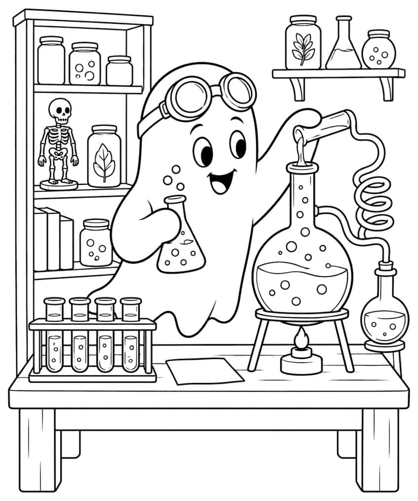 Ghost with goggles pouring liquid into a flask, test tubes, burner, shelves with jars and a skeleton