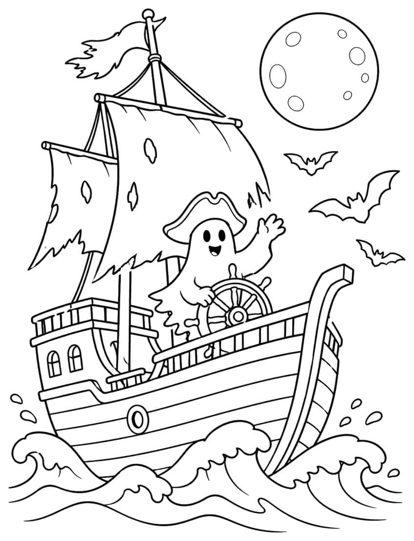 Ghost in pirate hat at a ship's wheel, torn sails, full moon, three bats and rolling waves