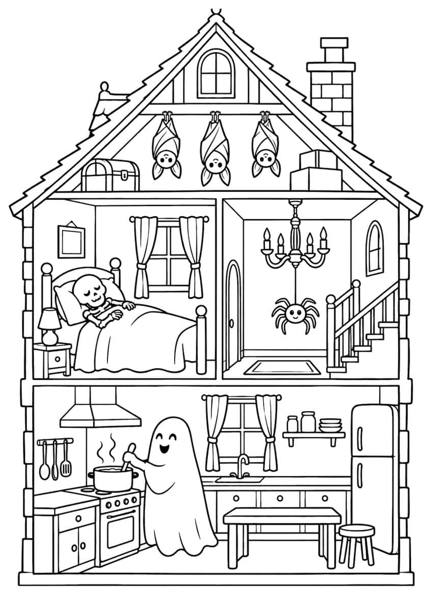 Cutaway haunted dollhouse with ghost cooking, sleeping skeleton, chandelier spider and three attic bats