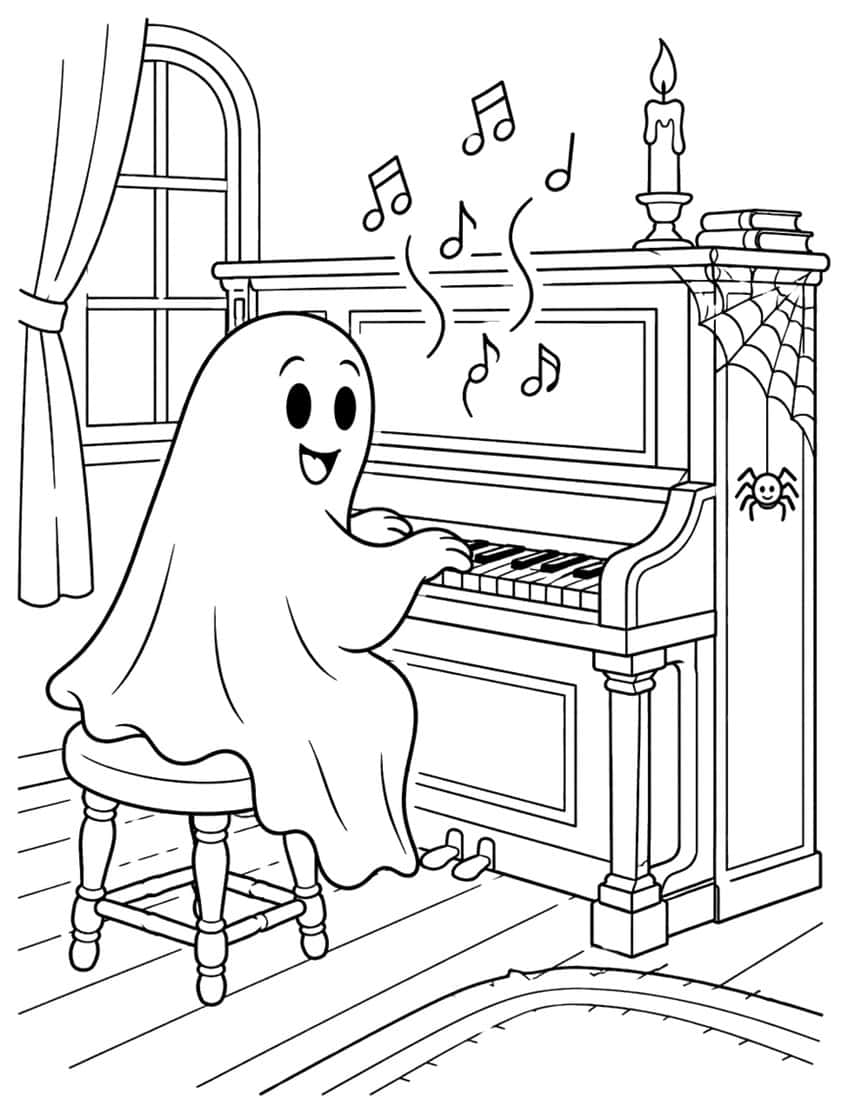 Smiling ghost at an upright piano with music notes, candle, spider web, stool and curtained window