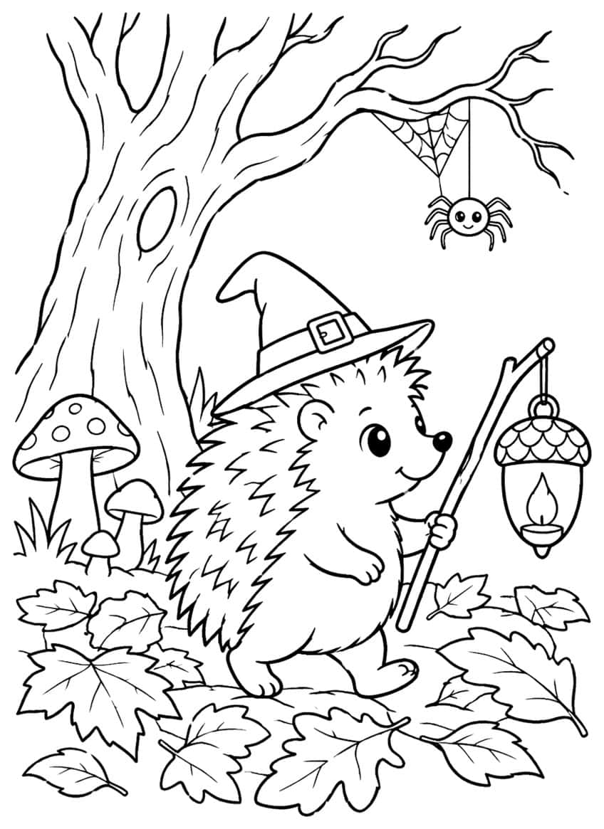 Hedgehog in witch hat with acorn lantern, tree, mushrooms, spider on web and fallen leaves