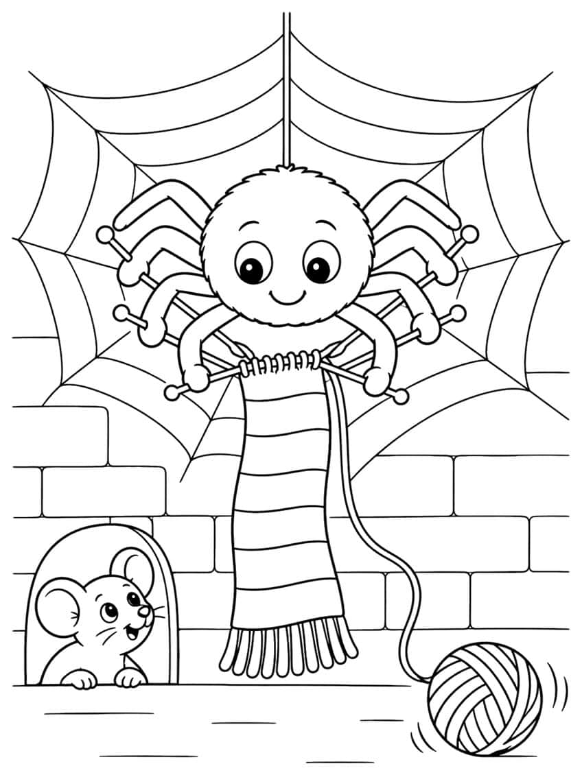 Smiling spider knitting a striped scarf in its web, a mouse in a wall hole and a ball of yarn