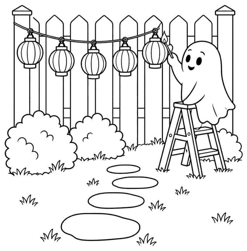 Smiling ghost on a ladder lighting five hanging lanterns on a picket fence, with bushes and stepping stones